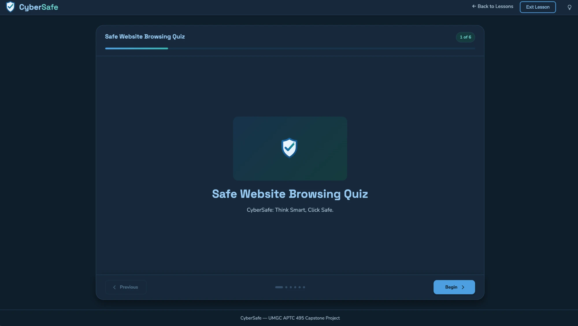 CyberSafe lesson player showing the Safe Website Browsing Quiz title slide, slide 1 of 6