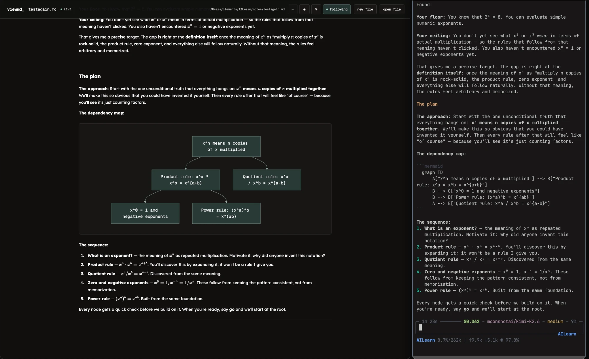 ViewMD rendering math equations and a Mermaid diagram beside the same AI lesson as raw text in the terminal